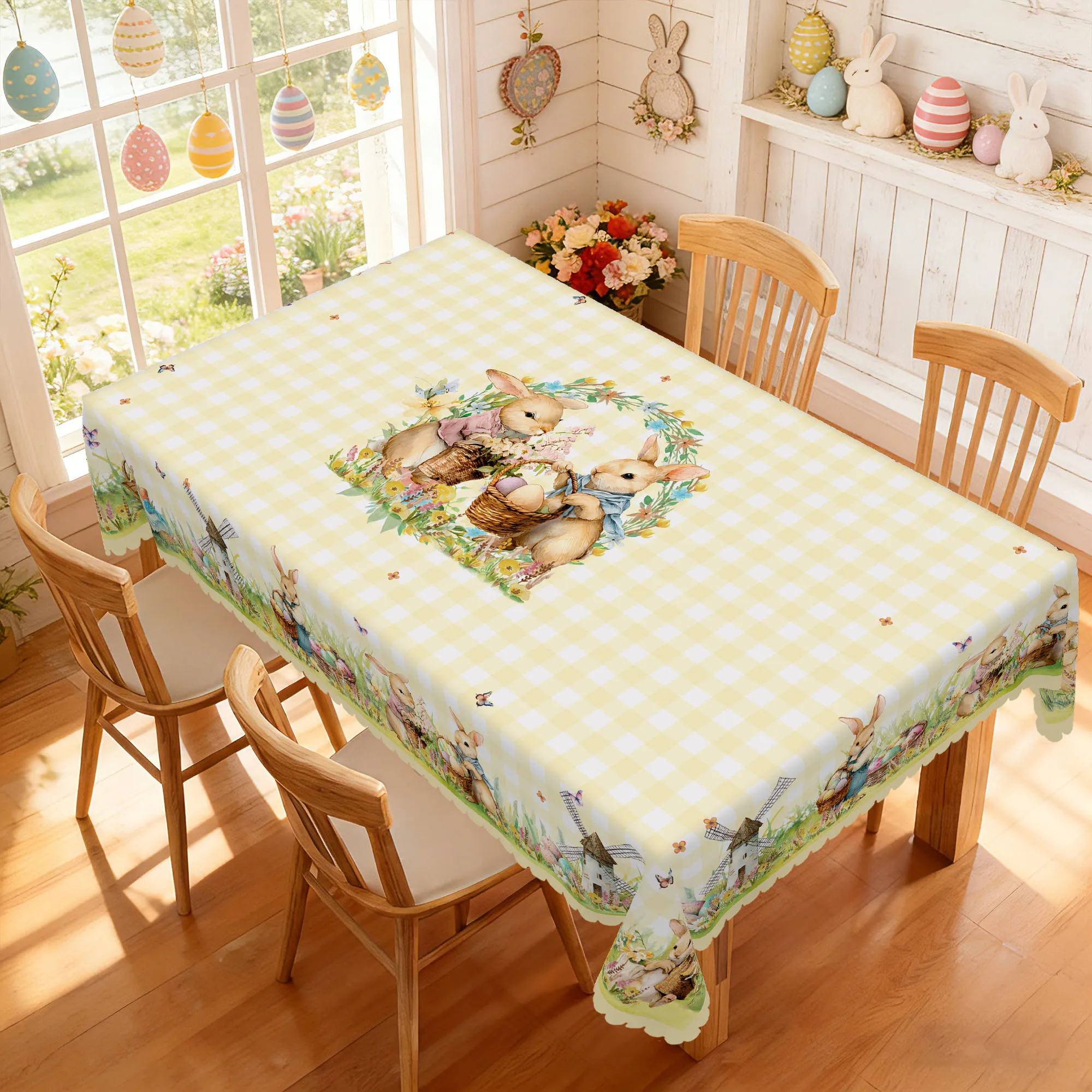 1 Piece of Easter-Themed Round Tablecloth, Available in Various Sizes, Featuring Cute Bunny Paintings Surrounded by Wreaths, and Egg Elements Paired with Fresh Yellow and White Checkered Print Round Tablecloth, with Embossed Edges, Easter Decoration, Spring Garden Tablecloth Decoration, Suitable for Everyday Use in Home Kitchens, Patios, Balconies, Spring Party Decoration Gifts