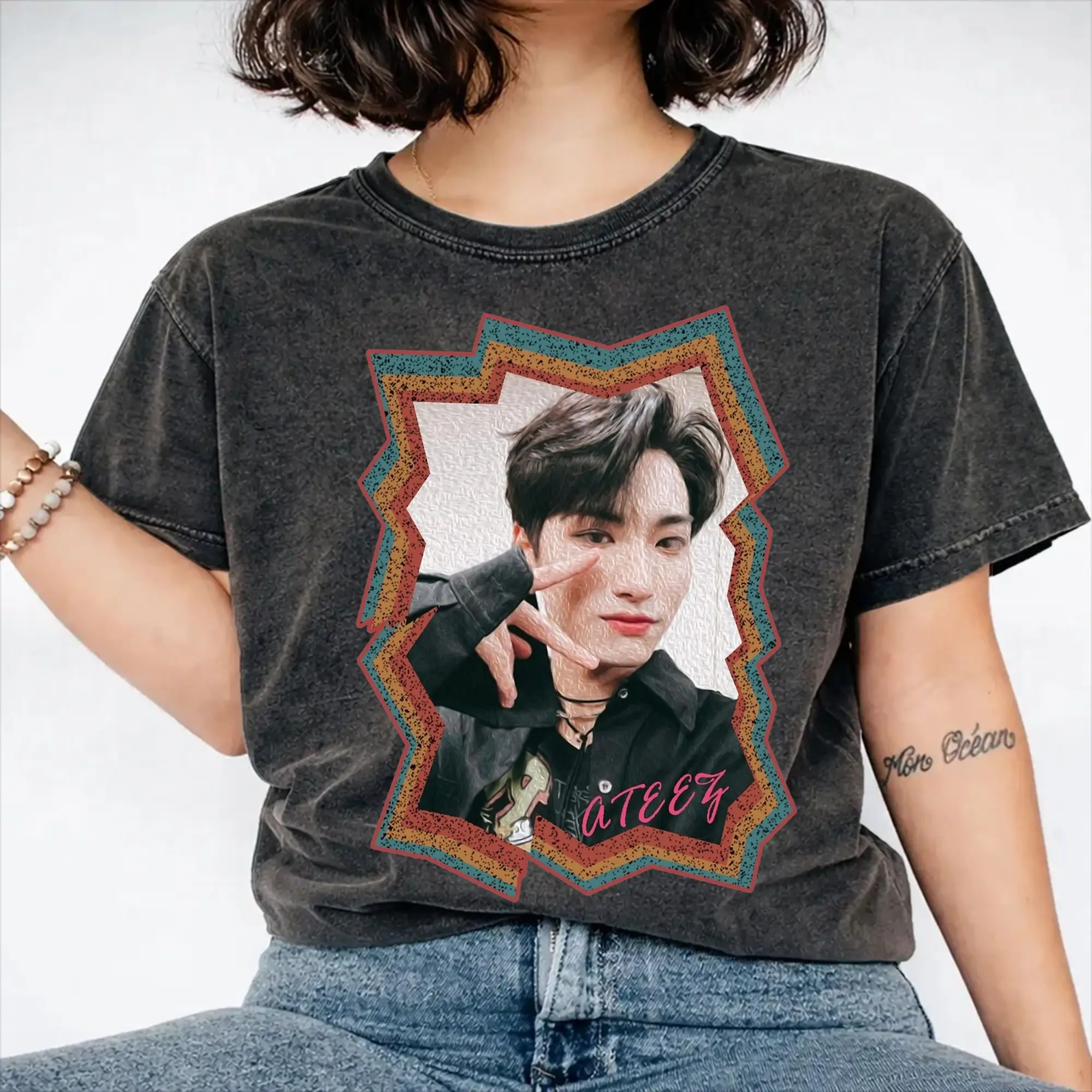 Ateez Seonghwa  Outfit Washed T Shirts Men Women Streetwear Hip Hop T-Shirt Graphic Printed  Tees Short Sleeve