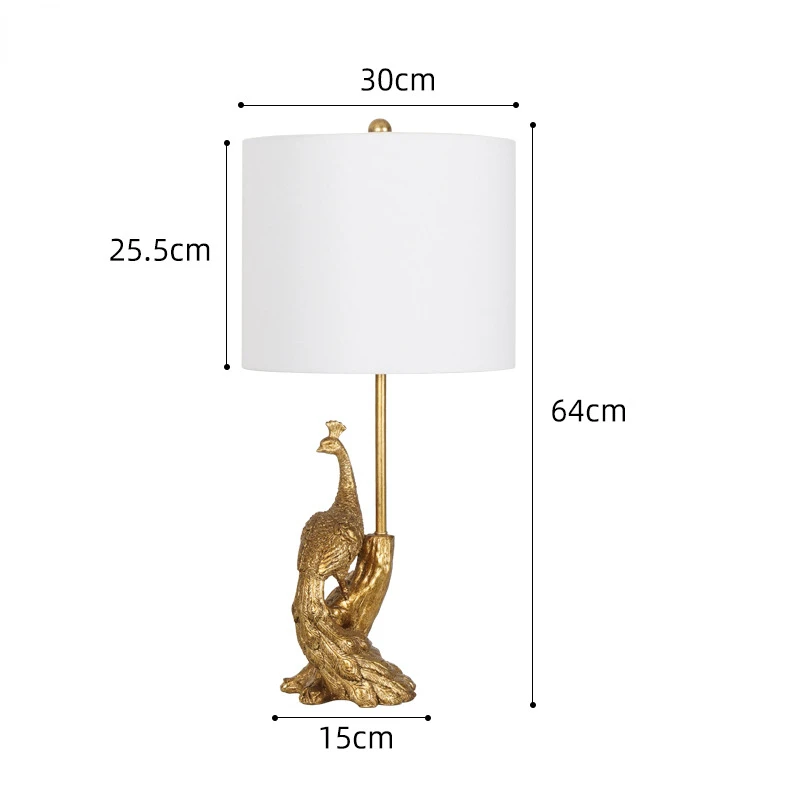 Retro Pavão LED Table Lamp, Lâmpada de cabeceira americana para Quarto, Escritório Europeu, Hotel, Casa, Decorativa, Atmosfera, Desk Lamp, Resina