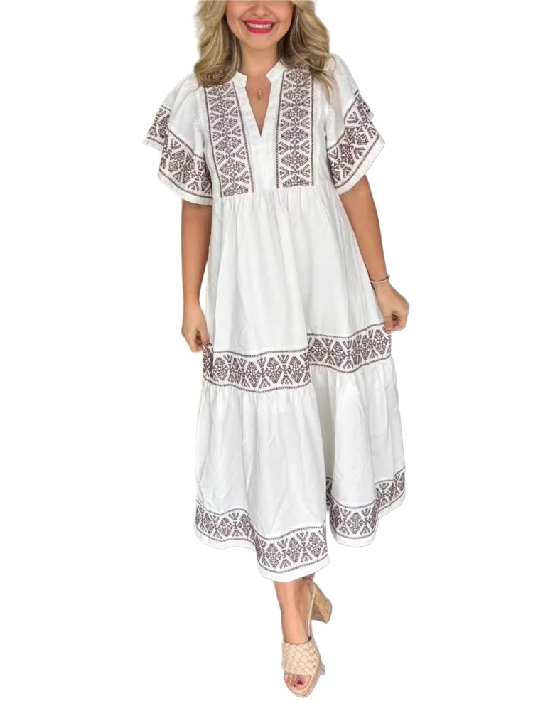 

Fashion Print Loose Dress For Women Casual V Neck Ruffles Short Sleeve Pullover Dresses Robe Femme Boho Holiday Womens Clothing