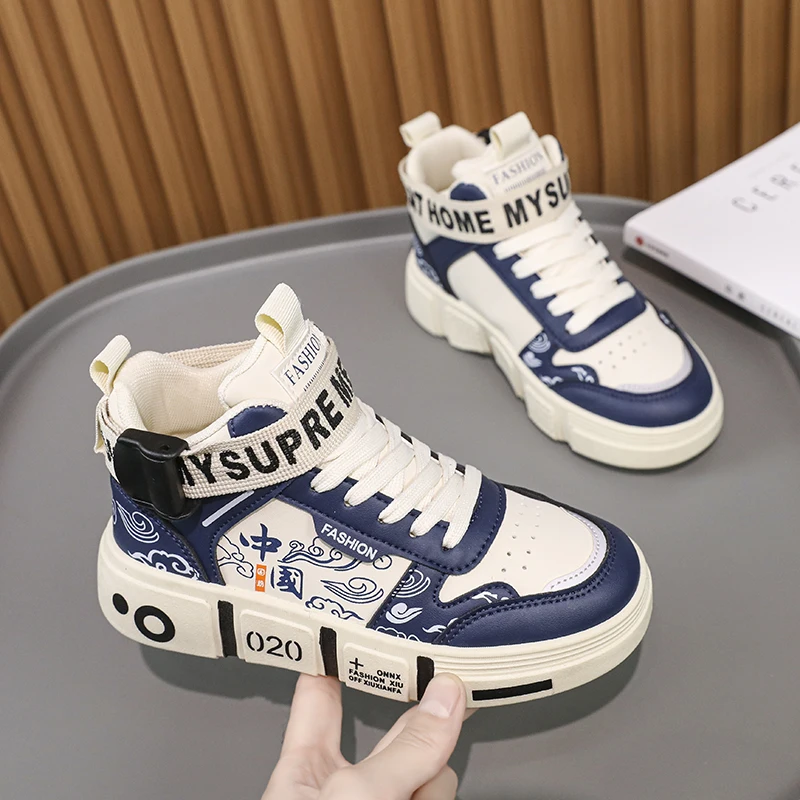 Family Shoes 2024 New Primary School Children High Top Board Shoes Boys Leather Casual Anti-Slip Wear-Resistant Sports Shoes