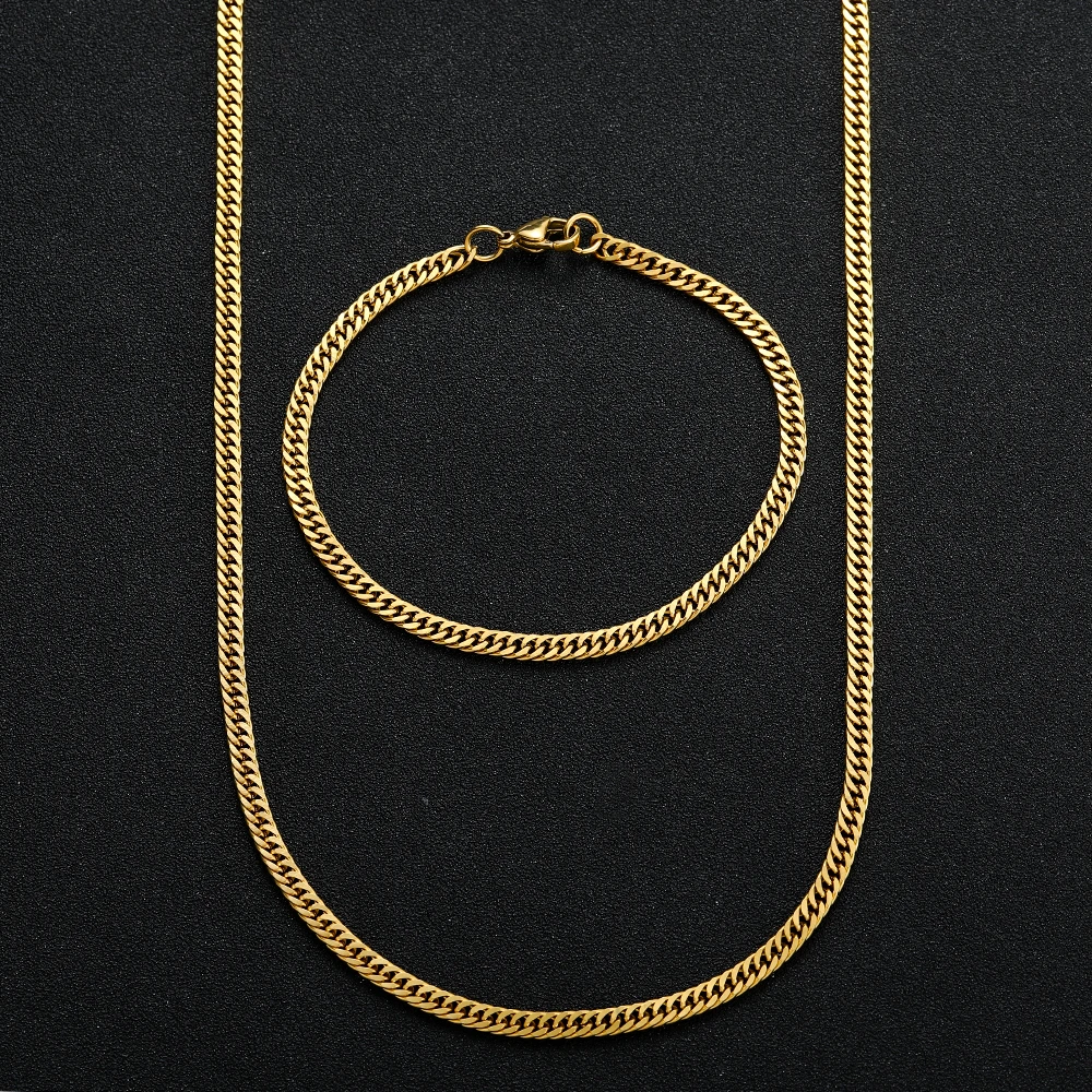 New Arrival Width 4MM 316L Stainless Steel Gold Plated Chain Necklace Bracelet Fashion Men's Jewelry Set Party Gift
