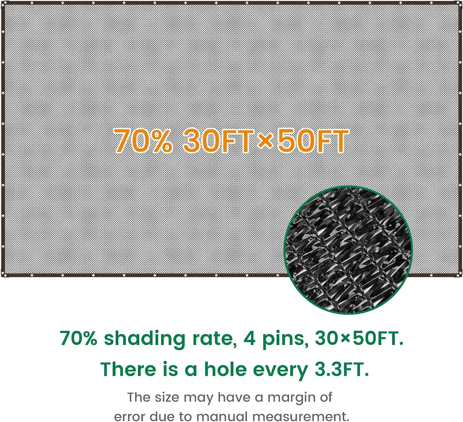 70% Black Shade Cloth 30x50FT, Heavy Duty HDPE Sun Shade with Grommets, Breathable Netting for Patio, Garden, Greenhouse
