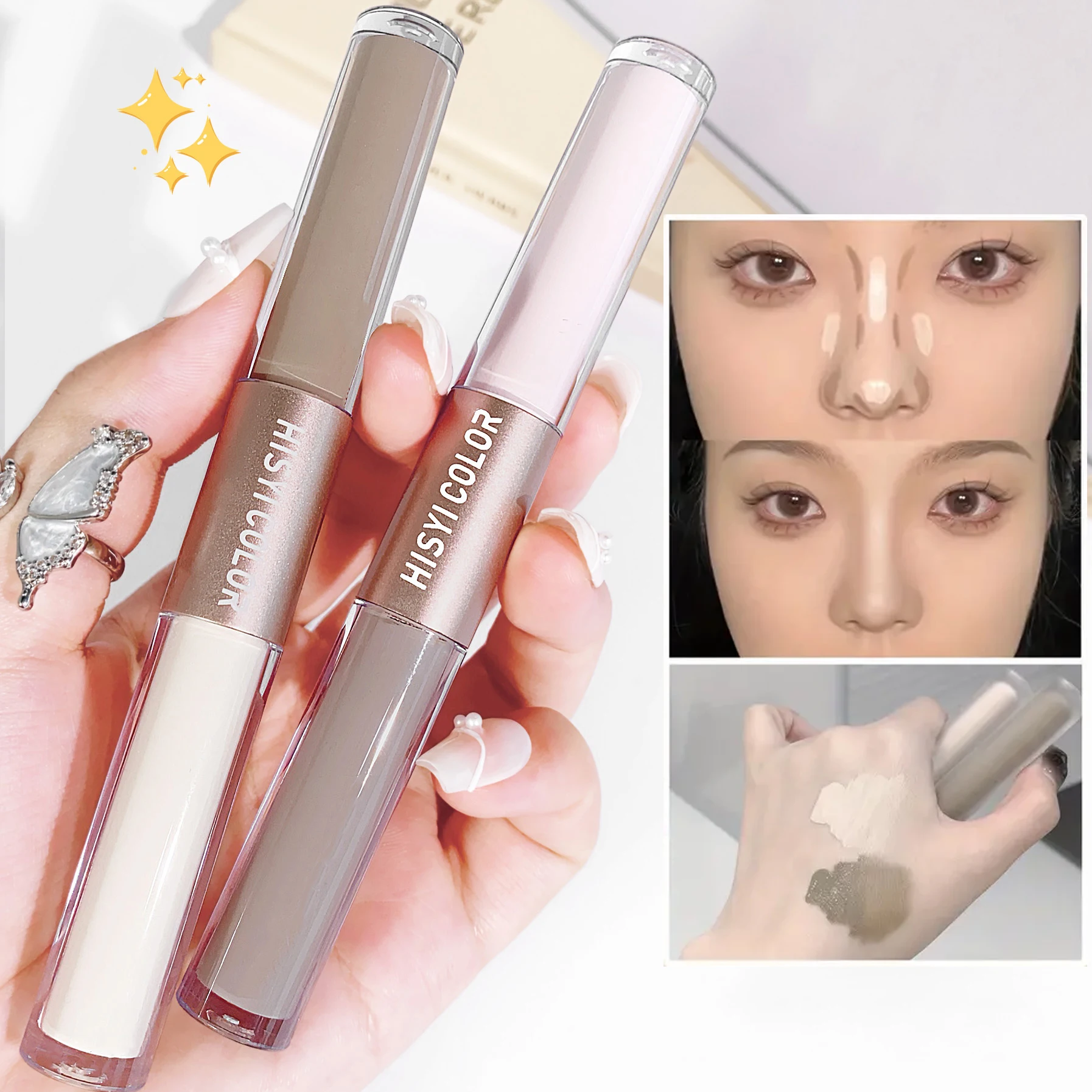 Caneta corretiva dois em um com destaque de ponta dupla, gravação 3D de nariz e rosto, cinza cimento, maquiagem natural