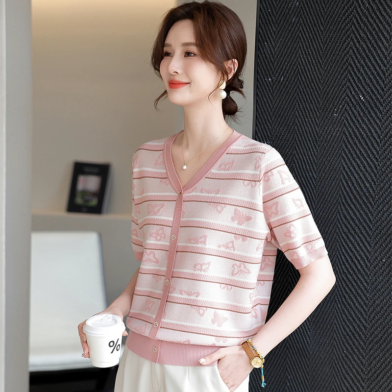 

Модная трикотажная футболка из ледяного шелка с коротким рукавом больших размеров для женщин среднего и старшего возраста, летний повседневный топ