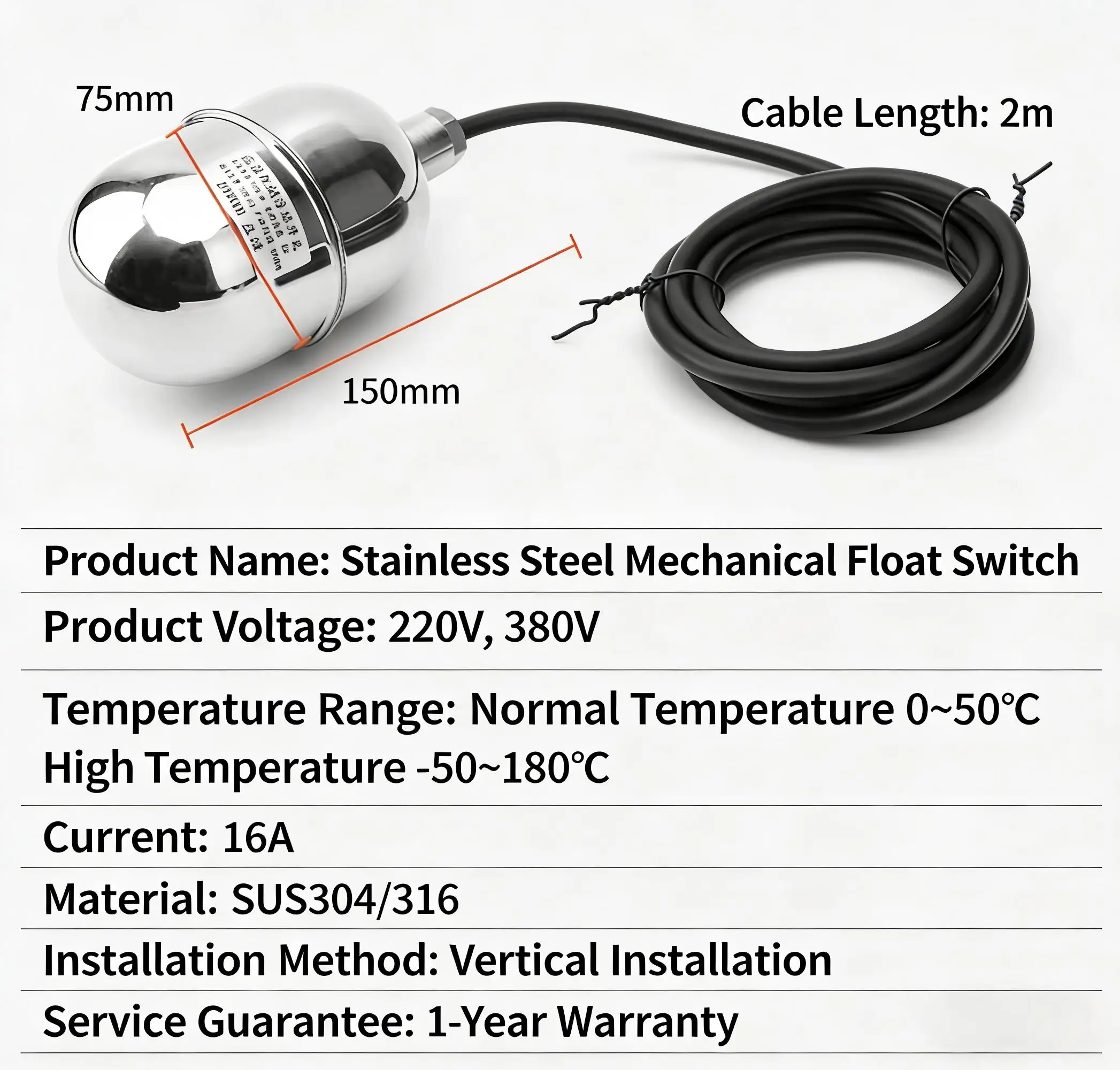 304/316 Stainless Steel Float Switch Sensor High Temperature Anti-Corrosion Mechanical Water Level Sensor Automatic Controller