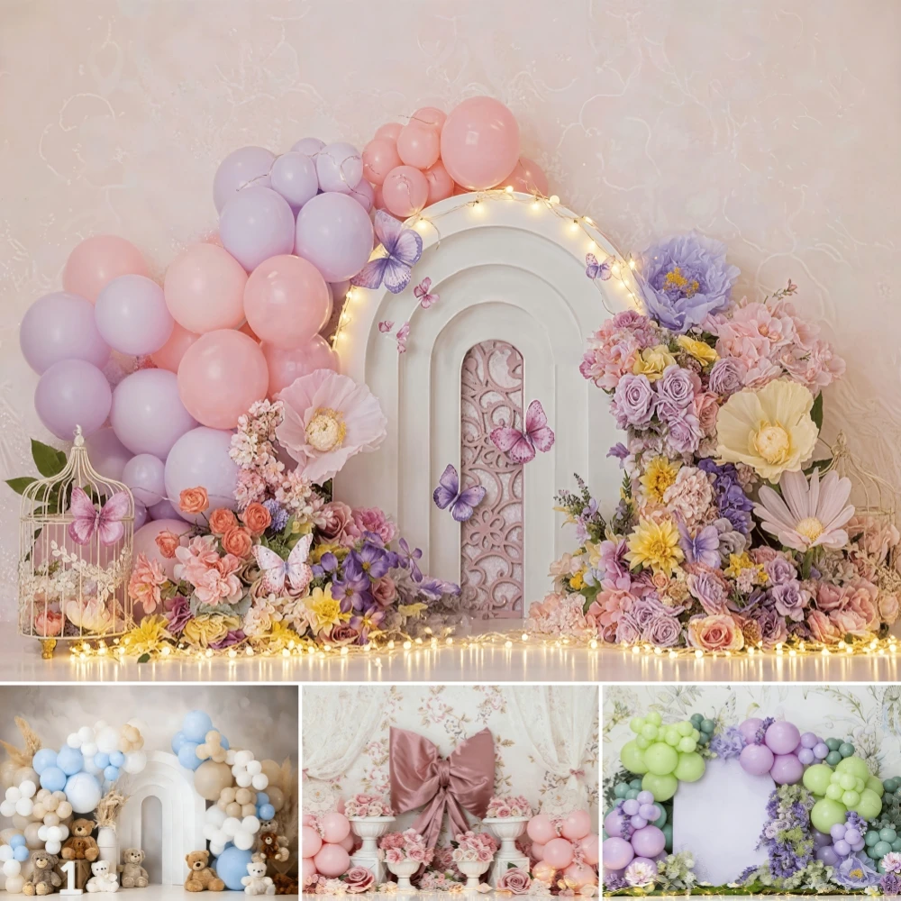 

Baby Birthday Decors Photography Background Cute Animals Bear Balloons Arch Kids Cake Smash Portrait Backdrop Photo Props