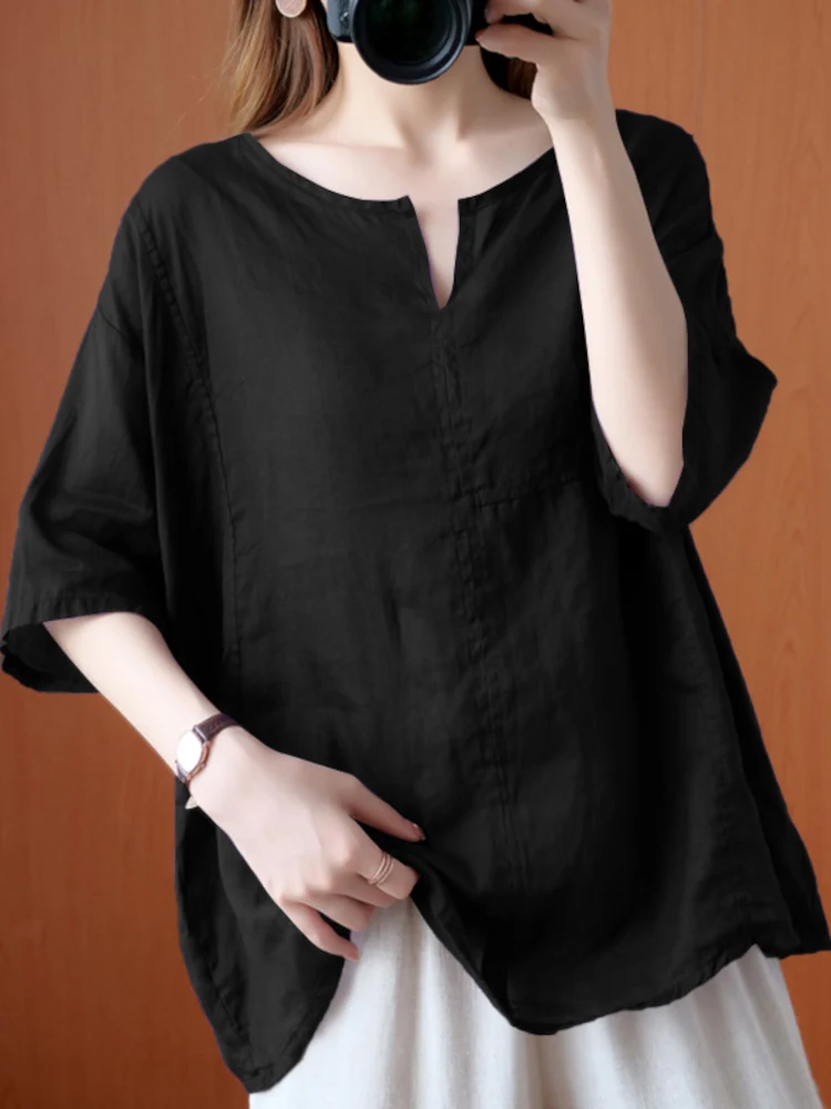 Women Summer Blouse Casual Oversized Chemise 2023 Fashion Solid ZANZEA Vintage Half Sleeve Blusas Female O Neck Cotton Top Tunic