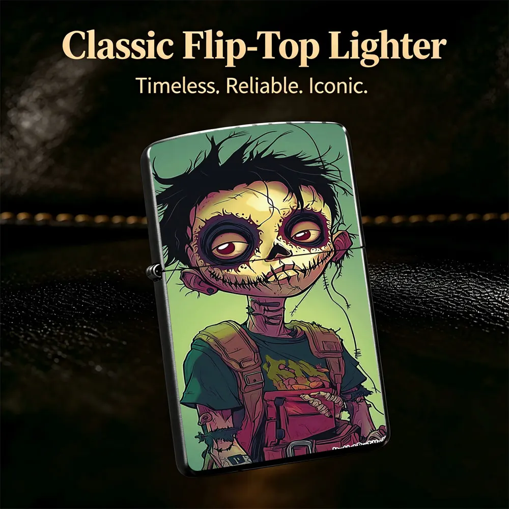 Pocket Lighter, Flip-Top Windproof Design, Cartoon Zombie Print, Green Background, Metal Case, Comfortable Grip, Refillable, Portable & Durable