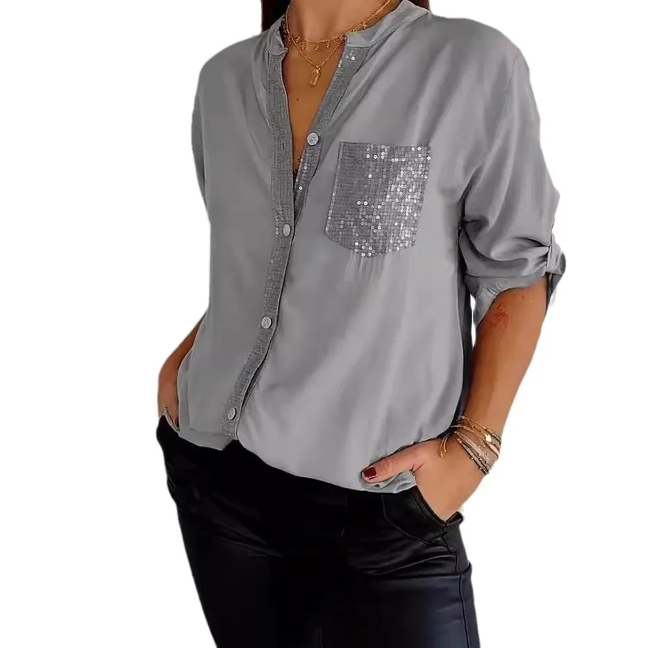 V-neck Sequin Splicing Long-sleeve Casual Shirt Women Blouses Autumn Casual Loose Collar Button Pocket Office Ladies Clothes