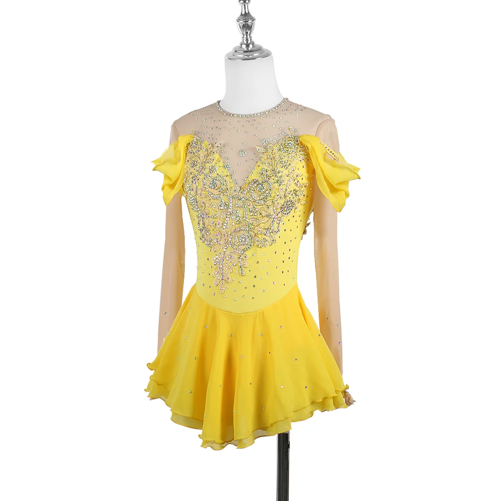 Zagitova Figure Skating Dress For Women Girls Ice Skating Skirt Performance Competition With Shiny Diamond Yellow