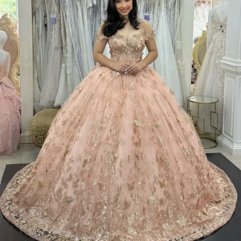 

Customized Shiny champagne Quinceanera Dresses Off the Shoulder butterfly glitter decal Lace Long tail Vestido 15 Quinceanera