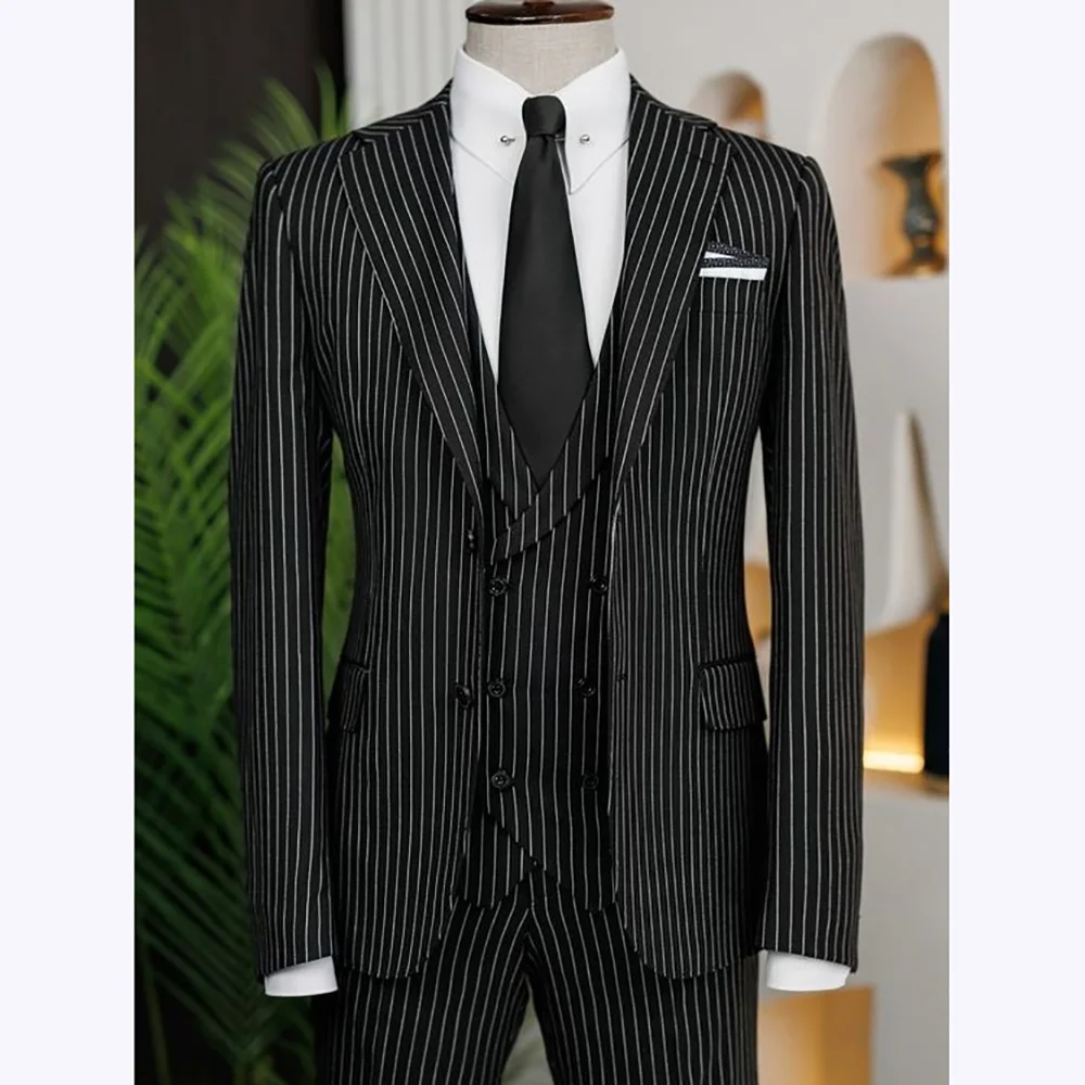 

Мужские костюмы в черную полоску, комплект из трех предметов с лацканами и лацканами, деловой повседневный наряд, однобортный, приталенный, повседневный, офисный, вечерний, официальный комплект