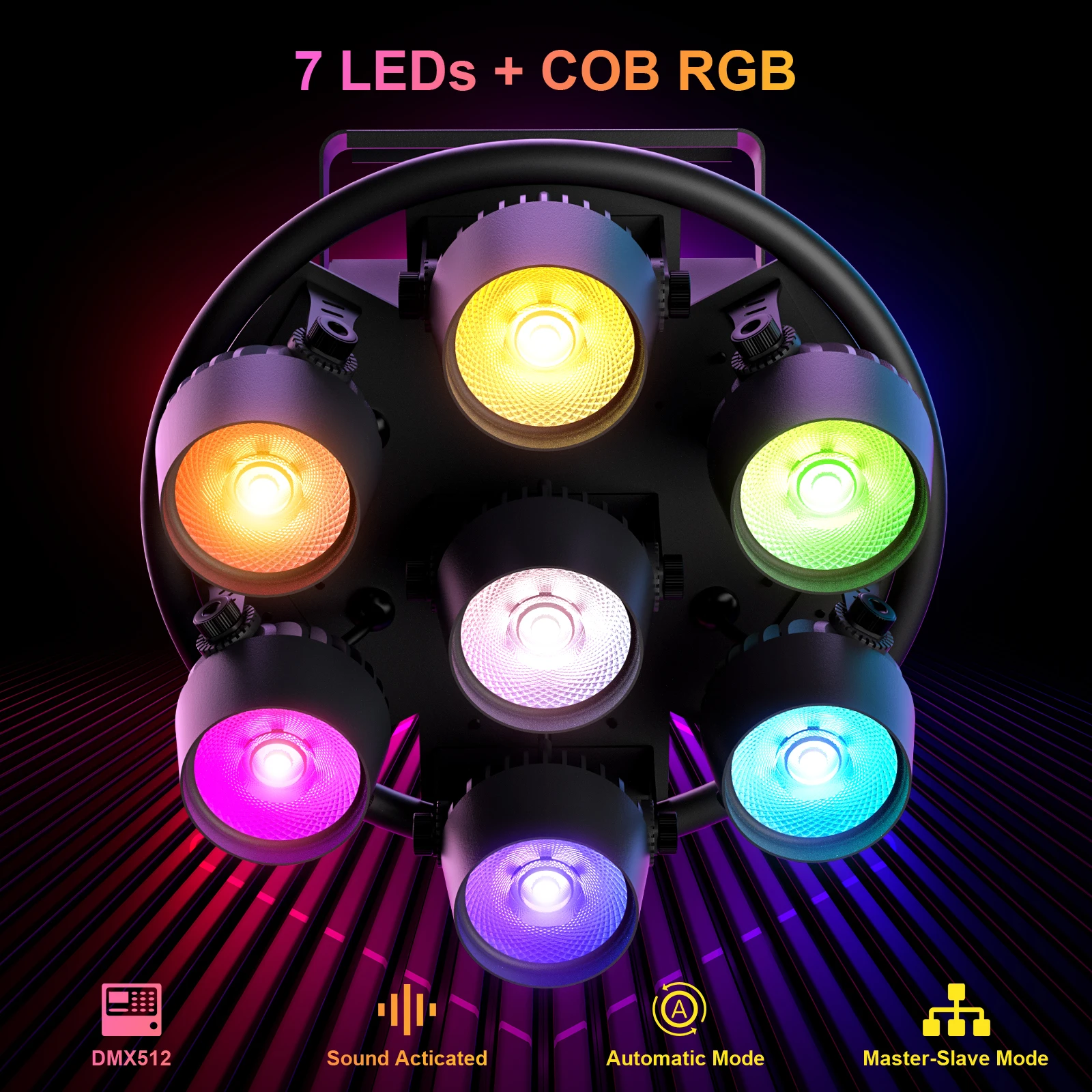 Yiflamefly-レトロな舞台照明,RGB, COB LED, DJライト,パーティー,結婚式,クラブ,教会,3, 5, 8, 21,23ch,dmx512,350w,7x50w