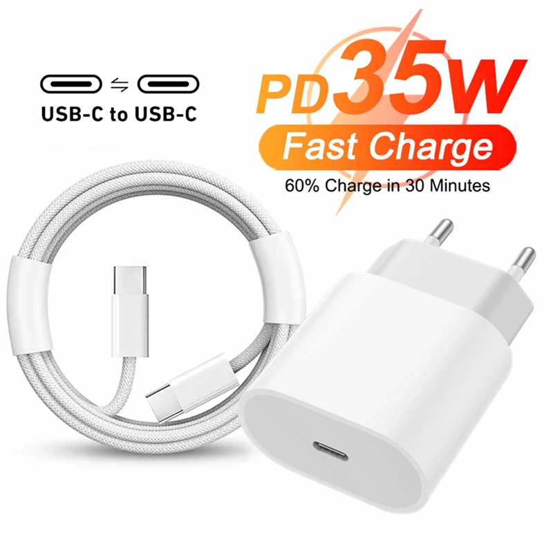 35W USB-C PD Fast Wall Charger for iPhone 15 Plus 16 Pro Max Dual Type-C Braided Charging Cable for Samsung Huawei Realme iQOO