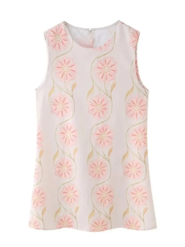 Mini robe élégante à imprimé Floral pour femmes, rose Y2K, sans manches, col rond, ample, ligne a, mode vacances, robe courte, été