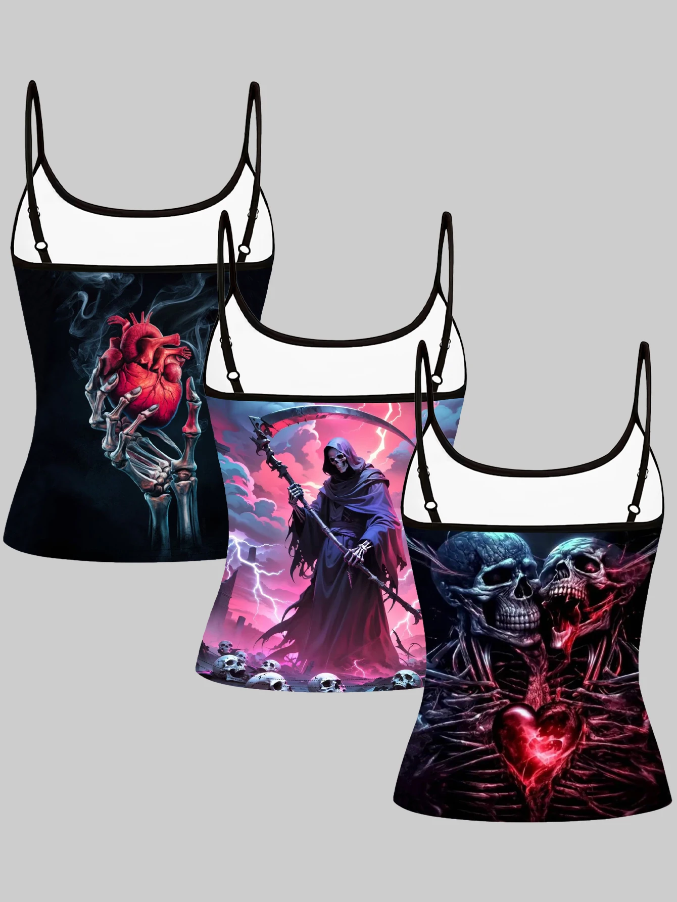 3-Piece Set of Women's Gothic Subculture Slim-Fit Sleeveless Tank Tops with Death Skull and Heart Print