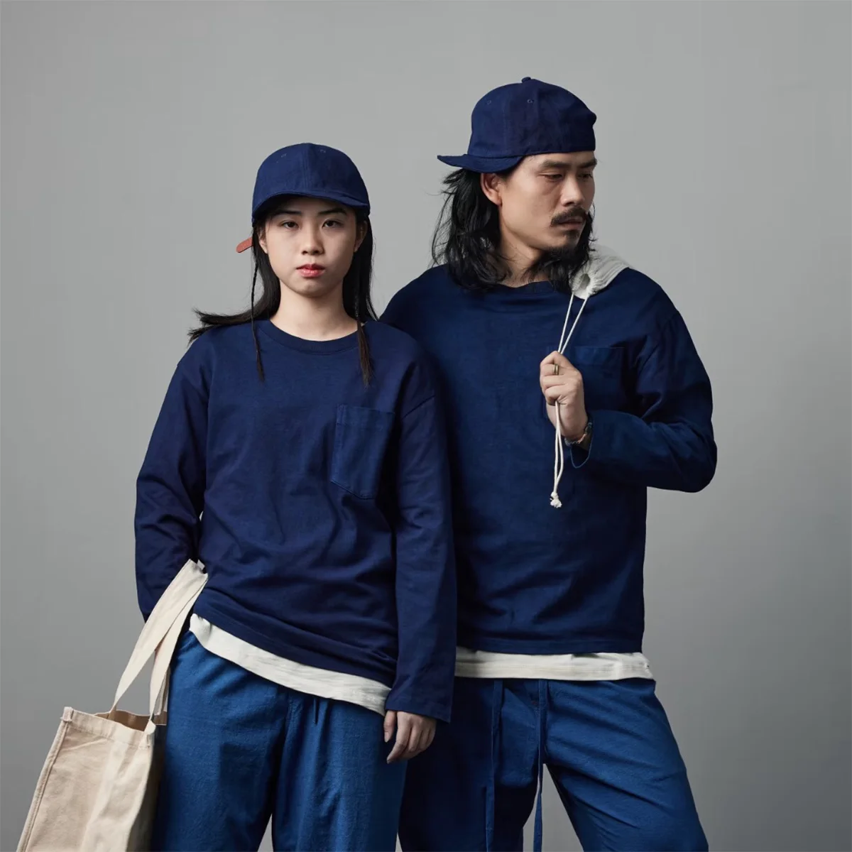 Indigo Plant Blue Dye Heavy 250g Combed Cotton Loose Casual Retro Shoulder Long-Sleeved