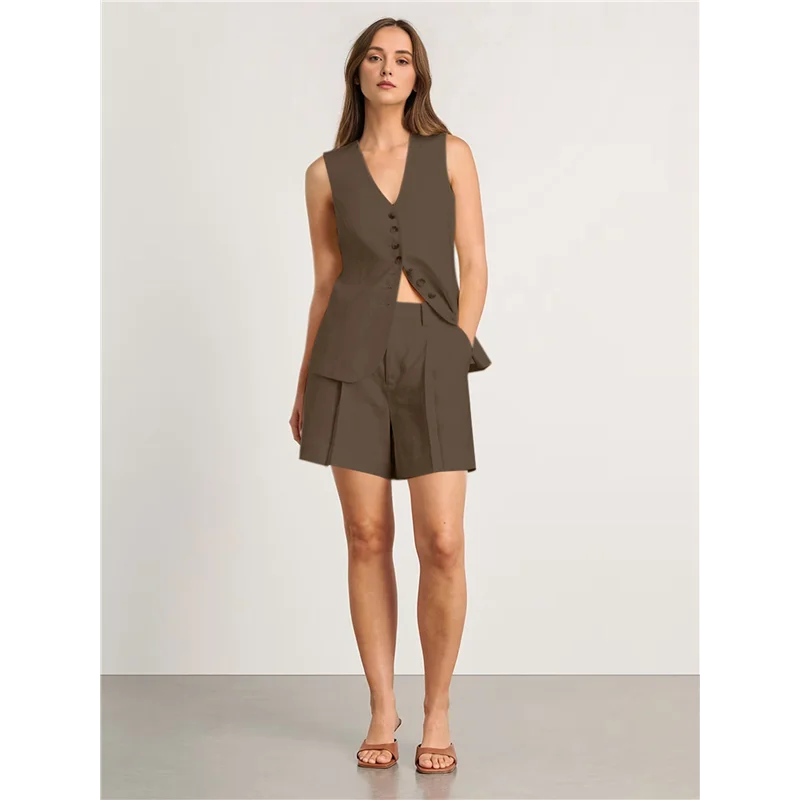 ASDS-Women's Round Neck Summer Cotton And Linen Sleeveless Slim Vest Work Casual Cotton Suit Vest Shorts Set