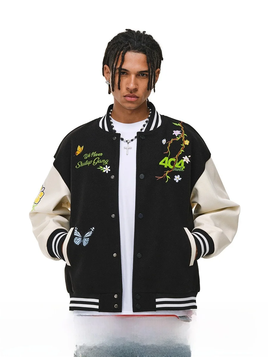 

Мужская утепленная куртка-бомбер в американском стиле с вышивкой и вставками из искусственной кожи, молодежная повседневная модная куртка