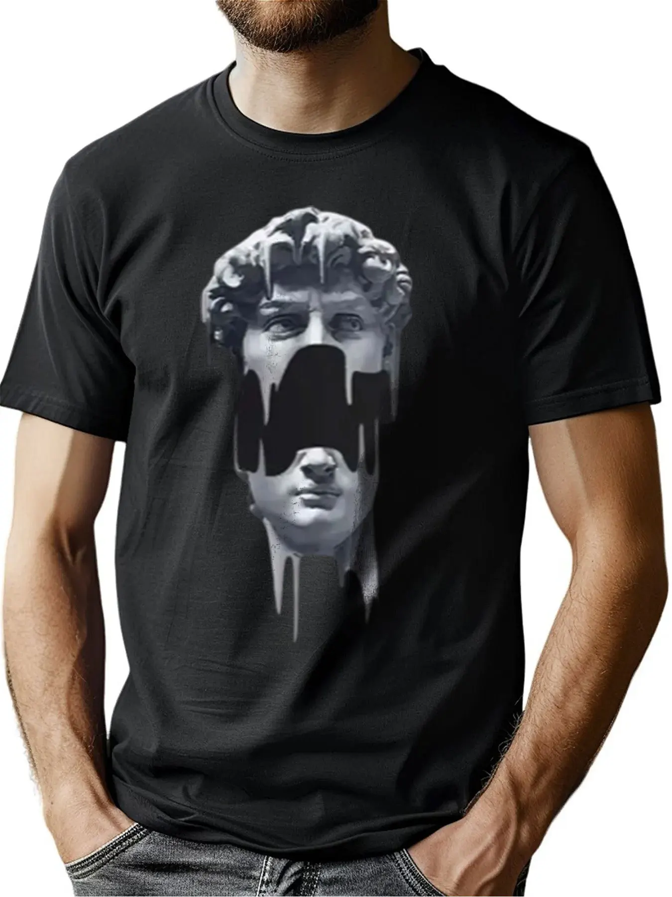 

Men's Pure Cotton Melting Statue Print Crew Neck Tee High-Quality Fabric Comfortable Versatile Wear Birthday Gift For Him Easy C