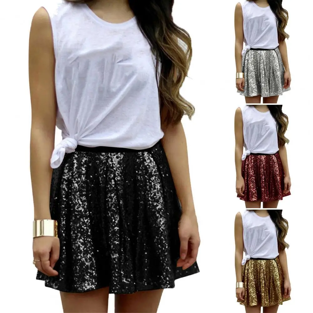 

Женская плиссированная юбка с пайетками, летняя мини-юбка для танцев и вечеринок, блестящая свободная юбка для восточных танцев и выступлений в ночных клубах