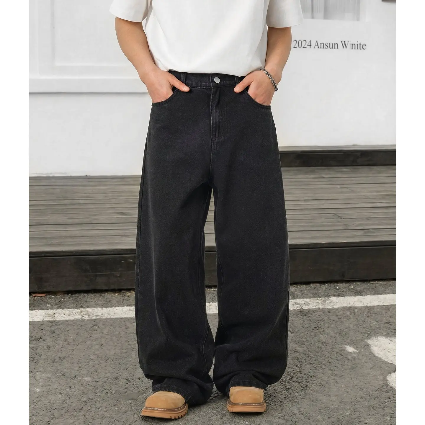 

Retro Waed Bla Jeans Men's Spring Sle High Street American Quali Loose Straight Casual Long Pants