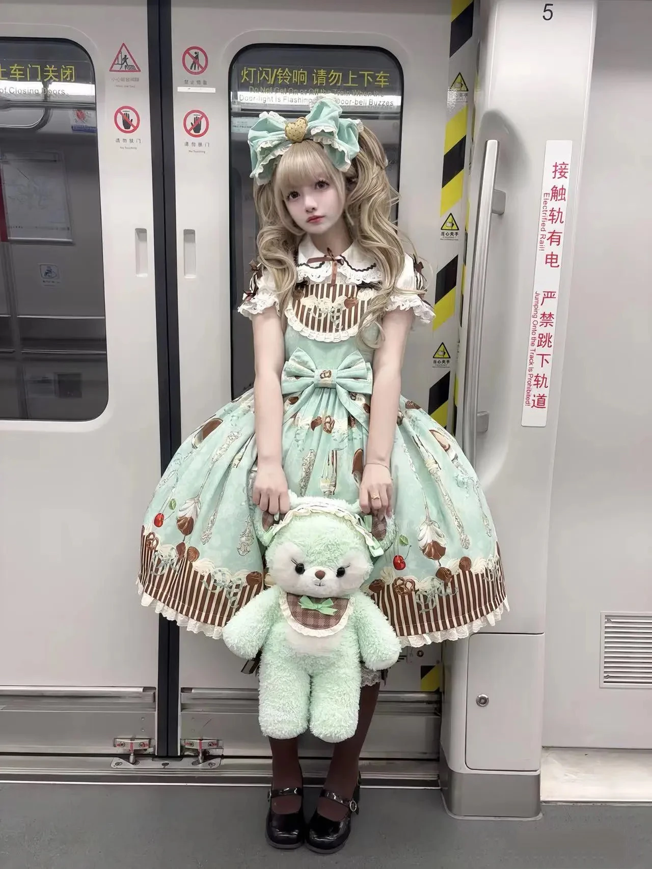 Мятно-шоколадно-сине-зеленый винтажный джемпер Sweet Lolita JSK с принтом