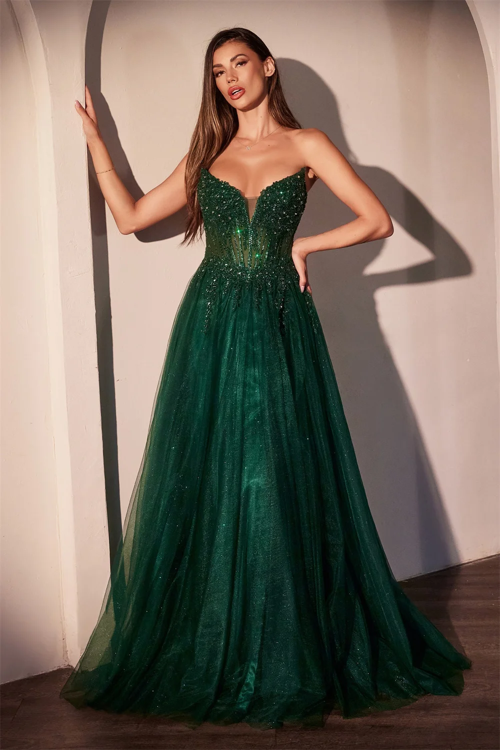 Cathy Strapless Bright Diamond Glitter Prom Dress Low Neck Side Split vestidos de noiva Customized A-line Floor-length Formal image 2