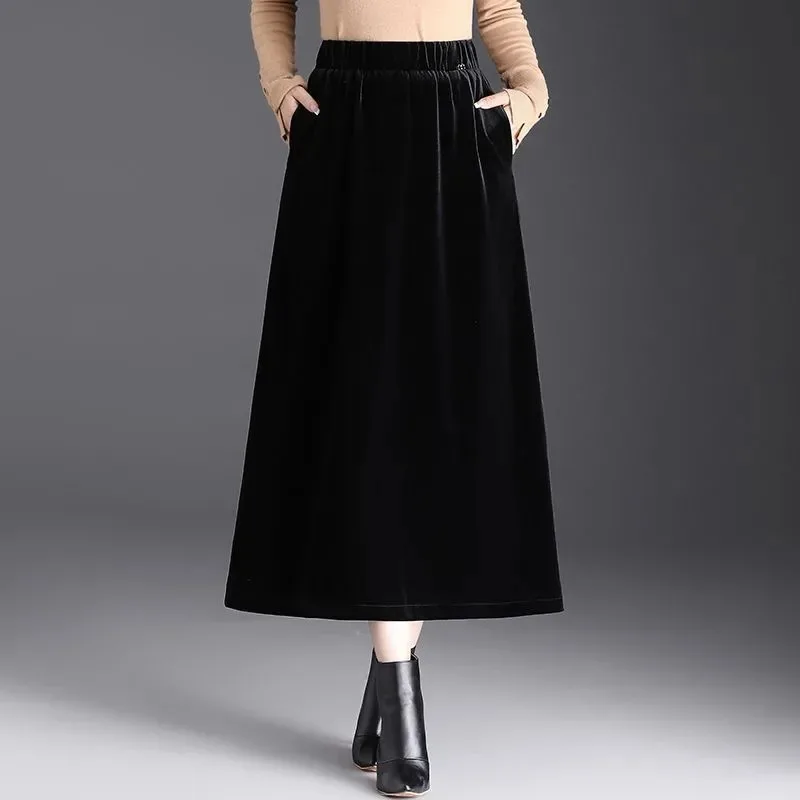 

Elastic Waist Gold Velvet Skirt Pear-shaped Figure A-line Women's Skirt Spring Autumn New Style Slimming Umbrella Skirt