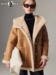 Abrigo grueso de lana de gamuza con capucha para mujer, chaqueta de lana de un solo pecho, manga larga, informal, Invierno