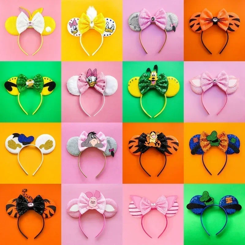 Disney Minnie Mouse Ears Headbands Girls Pearl Mickey Hair Accessories For Women Pixar Anime Headwear Kids Bow Sequins Hairbands