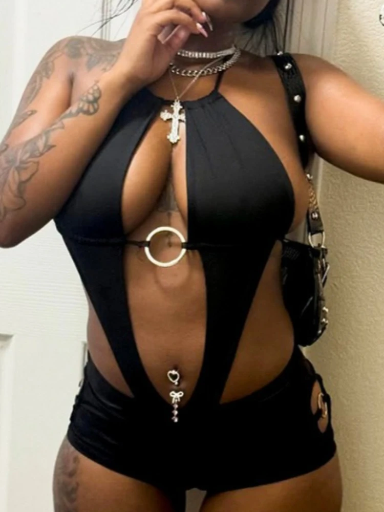 

Женский сексуальный комбинезон Foamlina с металлическими кольцами, вырезами, открытой спиной, без рукавов, облегающий, с шортами, для летних вечеринок