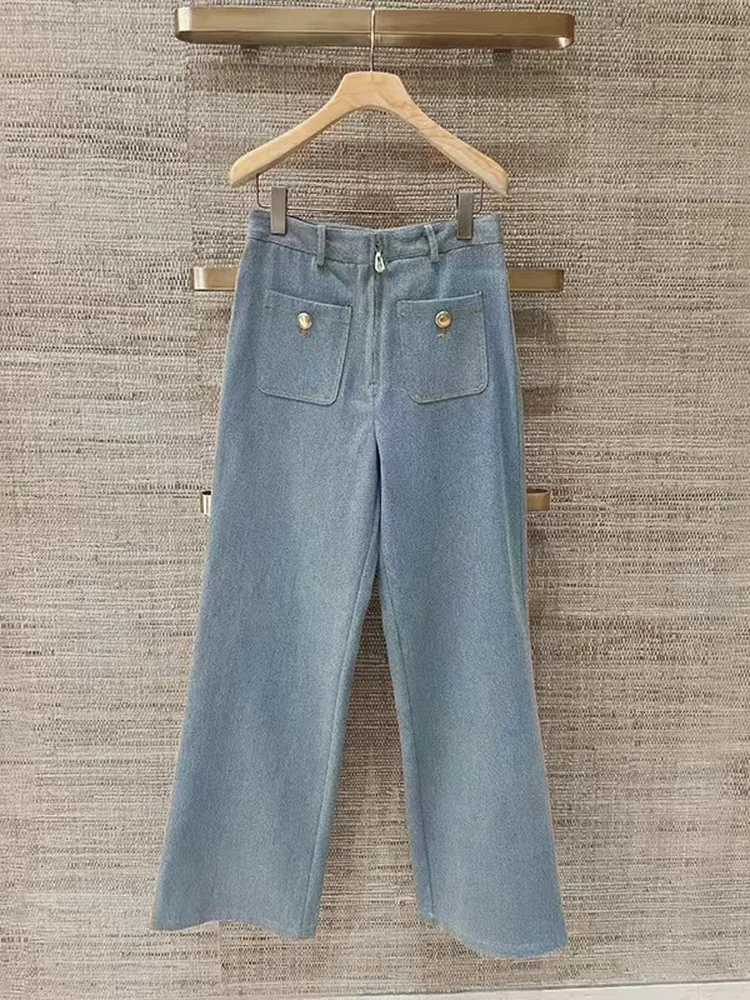

Early Spring Gold Buckle High Waist Draped Wide Leg Blue Jeans Women's Casual Style Cotton Stretchy High Waist Denim Pants