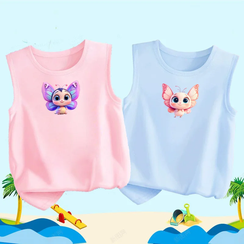 Sommerliches, weiches, ärmelloses Baumwoll-T-Shirt für Babymädchen, atmungsaktive Weste, süßes Unterhemd mit Schmetterlingsdruck, Kinder-Tanktop