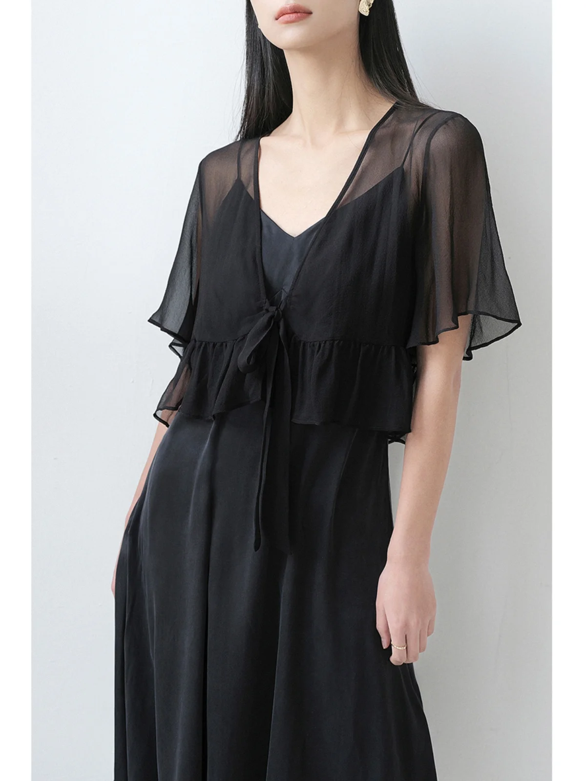 

Ele Bla ort Open Cardigan Women's Faionable Vintage Sle Hepburn Chic Top Sve V-Ne Silken Fabric Commute Wear