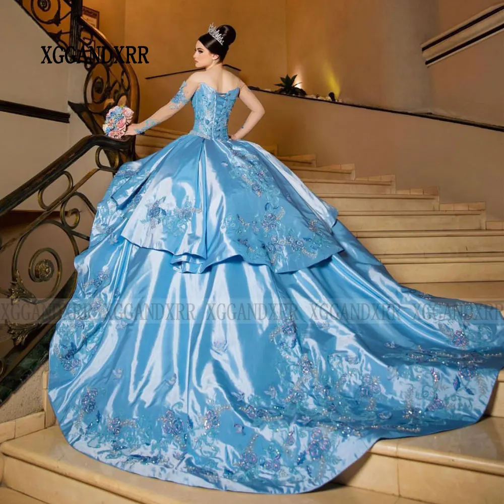 Vestido de quinceañera azul de lujo, traje de baile de capas con volantes, hombros descubiertos, fiesta de cumpleaños, 15, 16 años, 2024