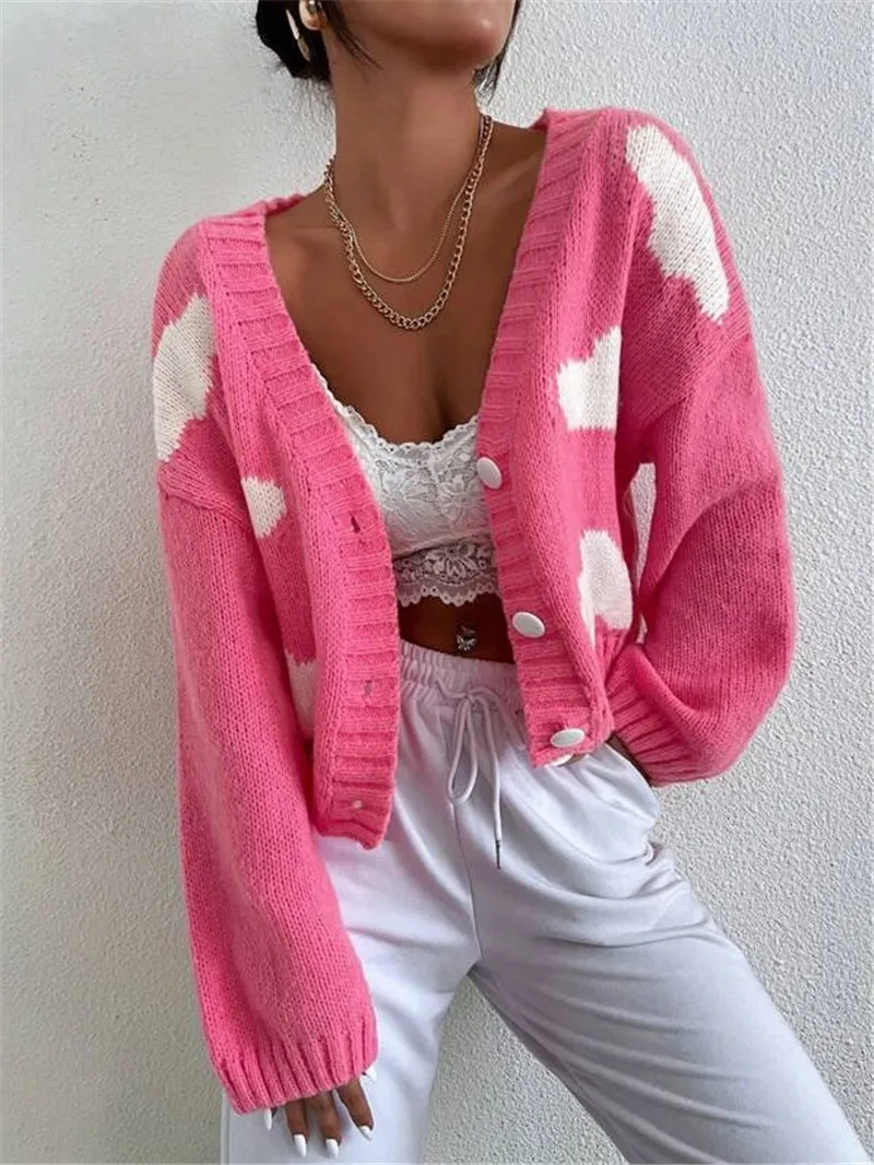 European Autumn/Winter Knitted Cardigan Sweater Jacket Thousand Bird Pattern Lantern Sleeve Knitted Outerwear Sweater Short Coat