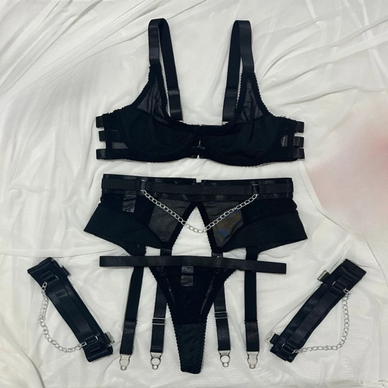 

Bikini lingerie black mesh sheer patchwork chain bondage garter set