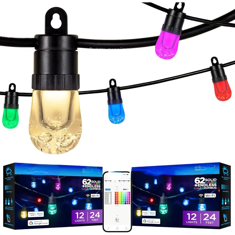 

2 Pack LED Premium Smart Color Changing String Lights, 24ft Black Cord, 12 Shatterproof Acrylic Bulbs, Weatherproof,