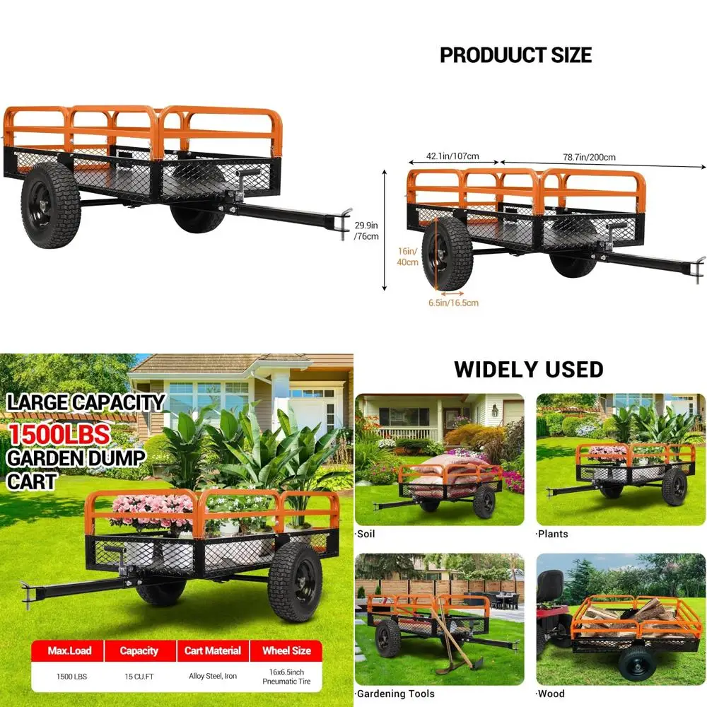 

Heavy Duty 1500 lbs Capacity Steel ATV UTV Dump Cart with 15 Cubic Ft, All-Terrain Tires, Dual Dump Modes for Yard and Garden Us