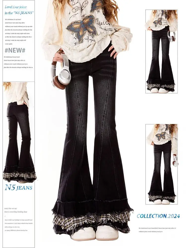 

American Retro Y2k Streetwear Flared Jeans Women New Plaid Patchwork Slim Denim Long Pants 2000s Aesthetic Grunge Outfits 2025