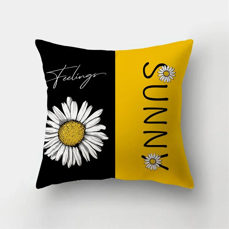 Modern Yellow Daisy Flower Cushion Cover Creative Letter Print Pillowcase 45x45cm  Home Decor  Textile Finished