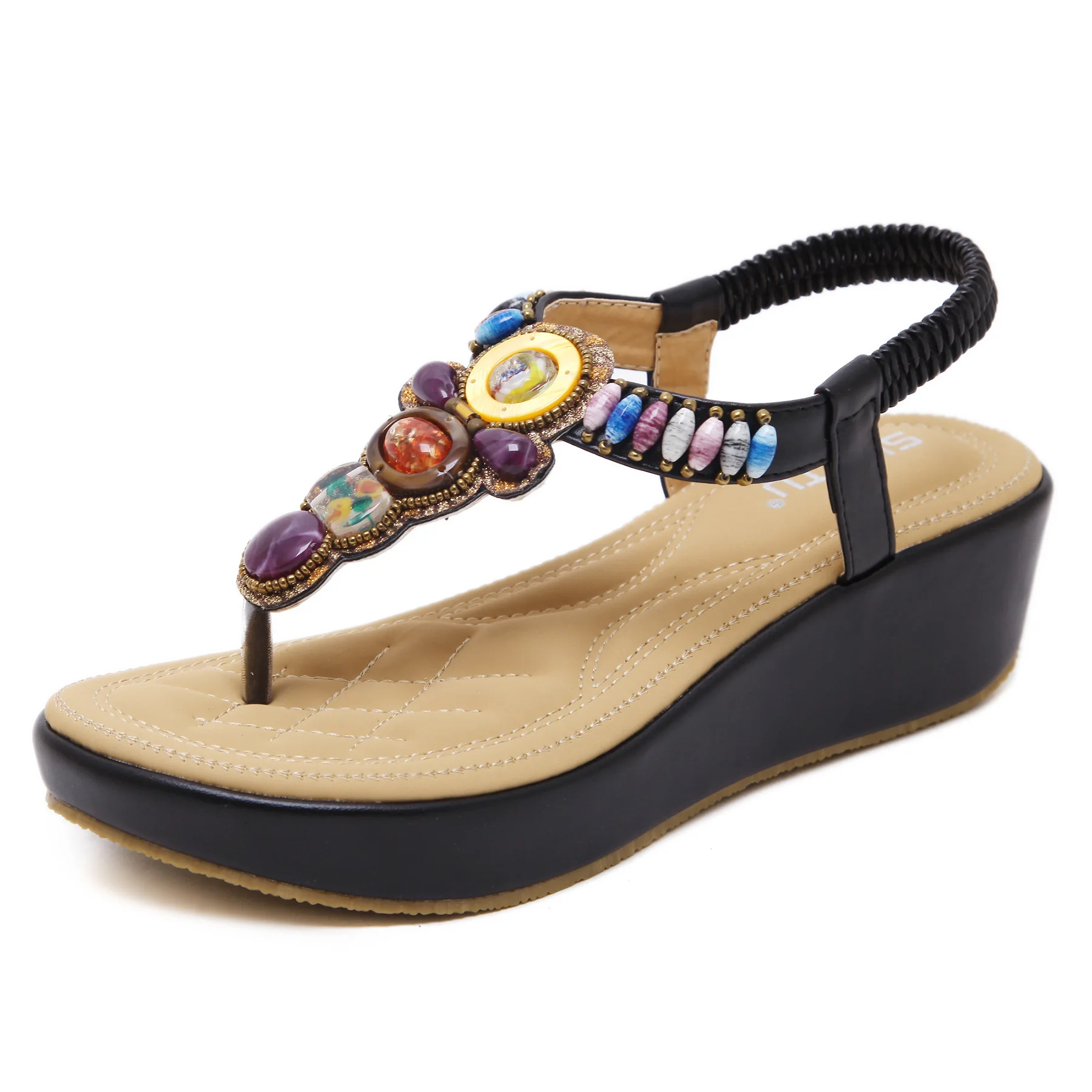 Plus Size Shoes for Women 35-42 Platform Sandals Summer Fashion Bohemia Flats Beaded Soft Open Toe Wedges Women Sandals