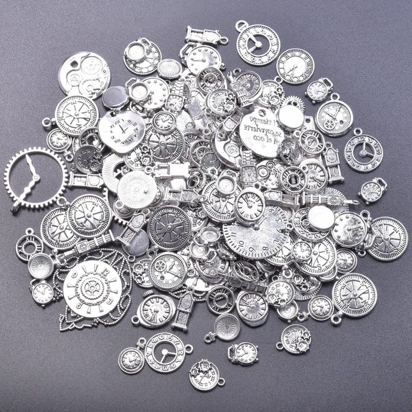 Steampunk Gear Clock Antique Silver Color Random Mixed Alloy Pendant Charm For Jewelry Making DIY Craft Bracelets Accessories