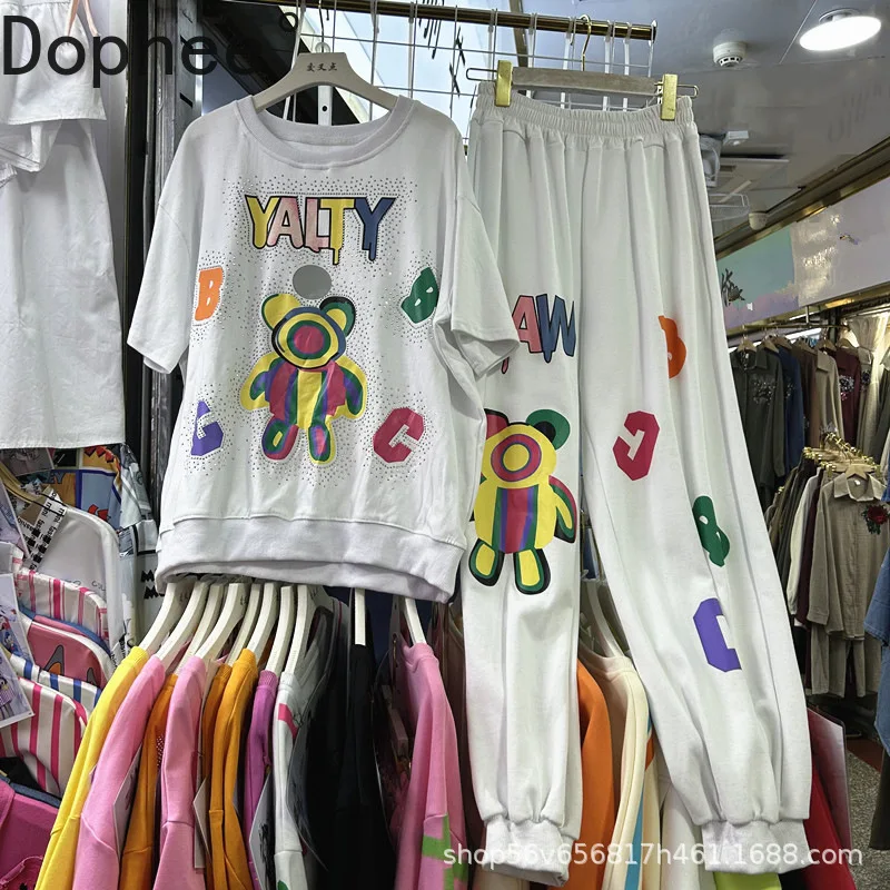 

Fashion Spring Summer Women Two-piece Set Hot Drilling Cartoon Printed Short Sleeve T-shirt Top + Casual Harem Pants Suits