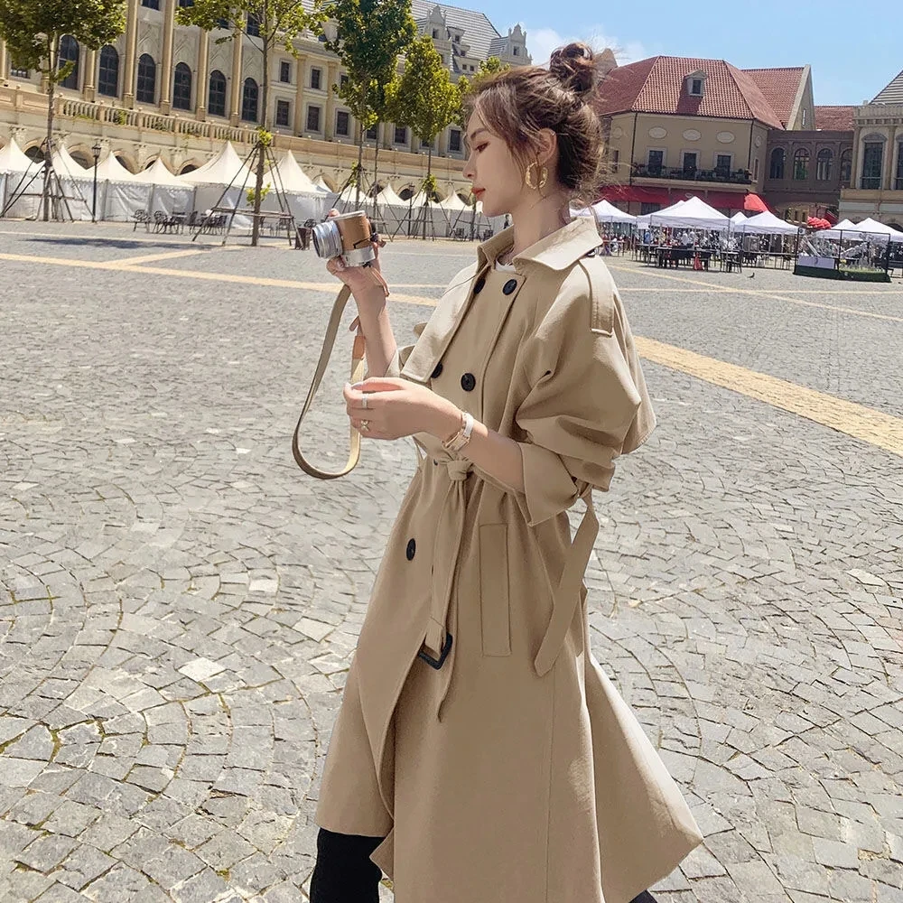 British Style Long Trench Coats Classic Double Breasted Windbreaker Elegant Womens Loose Overcoats Korean Fashion Blue Gabardina