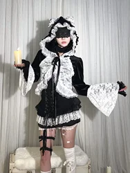 HBreaker New Design Black White Lace Knitted Velour Open Stitch Japanese Kawaii Cute Girls Cat Ear Cardigan Jacket All Match