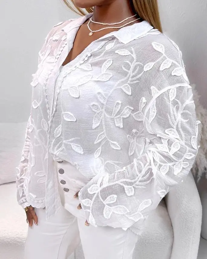 Camicette autunnali New Fashion 2025 Colletto rovesciato Vedere attraverso la camicetta ricamata in pizzo Camicia casual a maniche lunghe jacquard vestibilità ampia