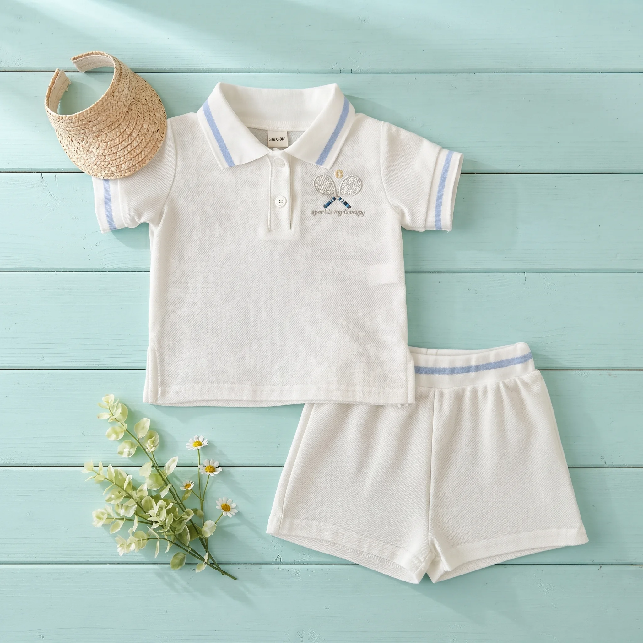 Kleinkind Baby Jungen Mädchen 2-teiliges Sommer-Tennisschläger-Set mit Stickerei, Kurzarm-Shirt und Shorts, Neugeborenen-Freizeitkleidung 0-3 Jahre – Detail 7